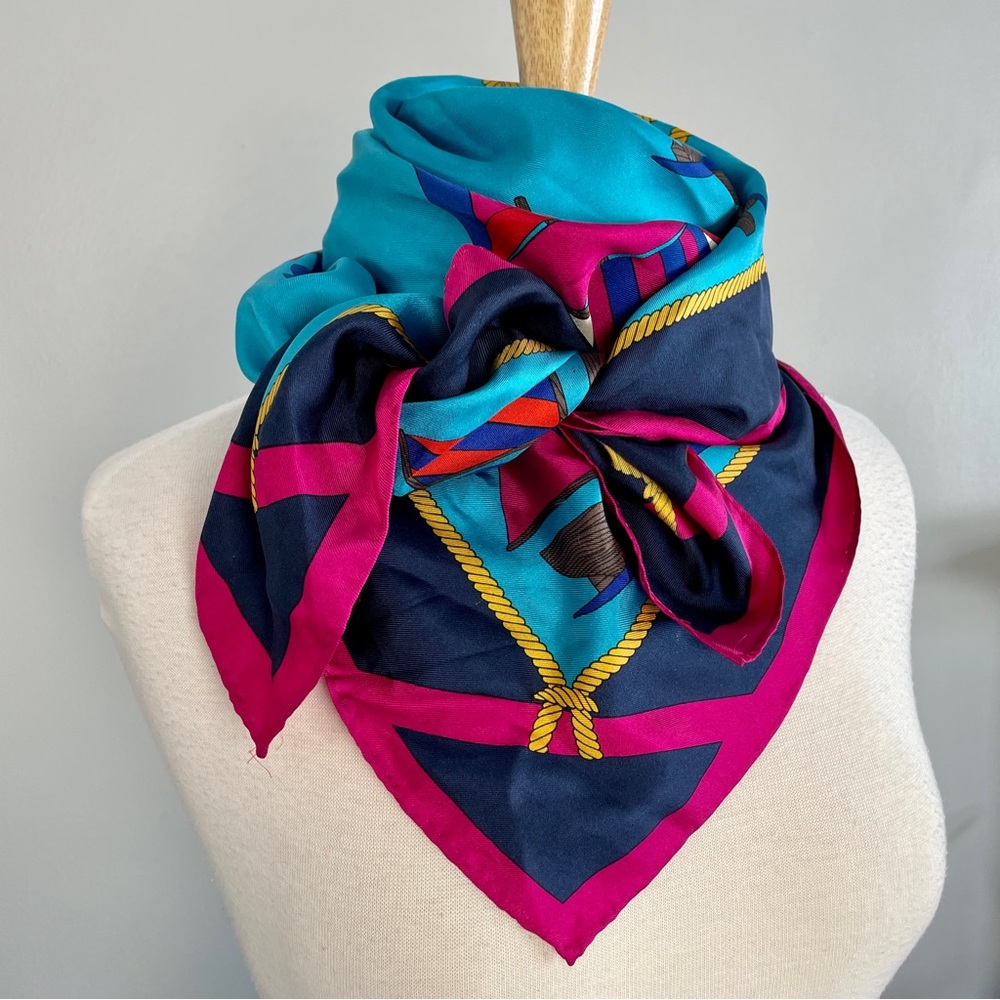 Vintage Shiny Silky Nautical Jewel Toned Square Scarf